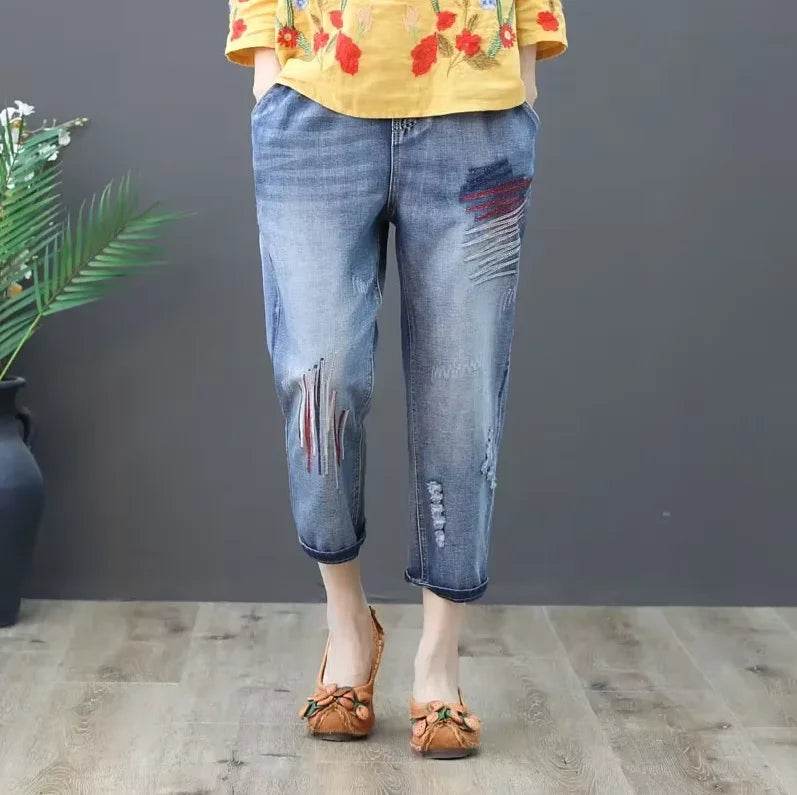 Womens Vintage Floral Loose Denim Pants 2025 Spring Chinese Style Casual Ripped Blue Jeans Holes Elastic Harem Trousers - AIAZ
