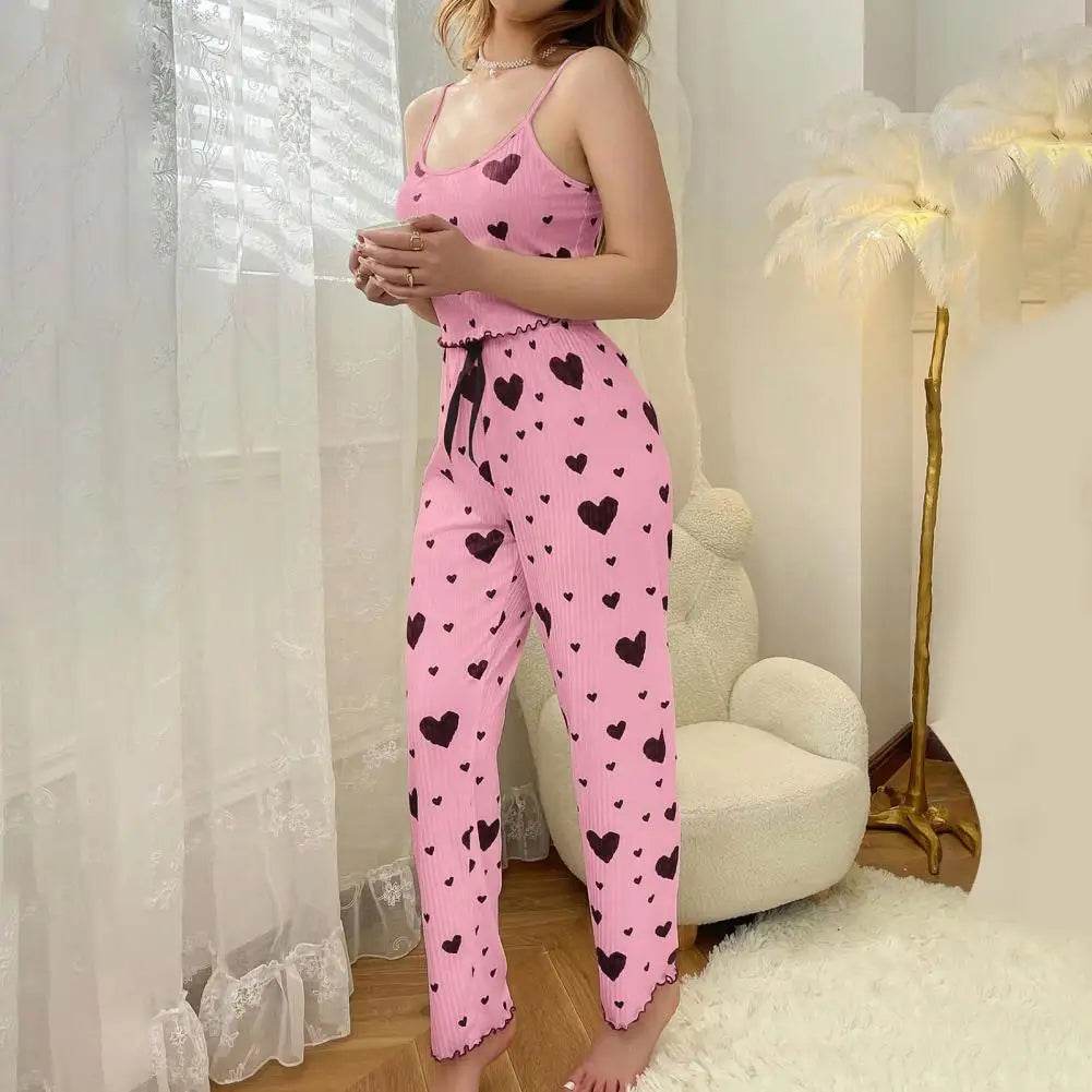 2 Pcs/Set Women Vest Pants Suit Bow Heart Print Sleeveless Shirring Edge Top High Waist Trousers Summer Cotton-blend Pajama Set - AIAZ