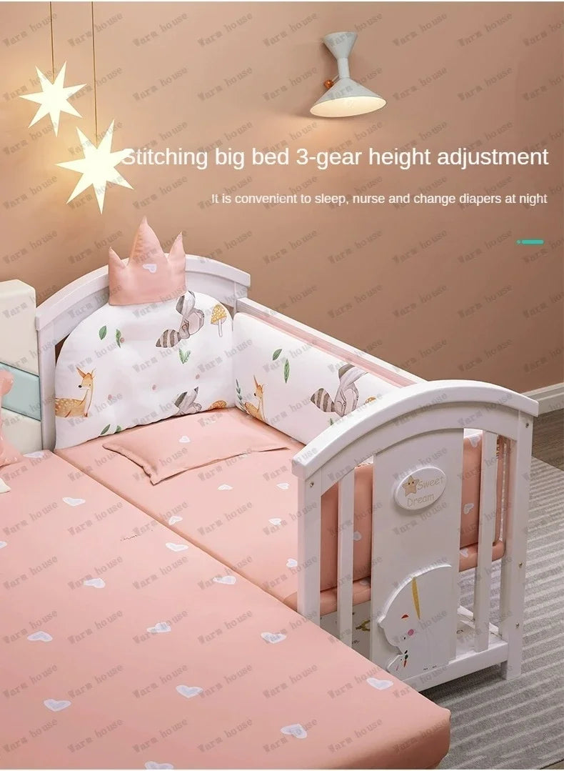 Solid wood spliced crib Multifunctional European style children's bed Movable newborn cradle large bed Baby Rest Chair