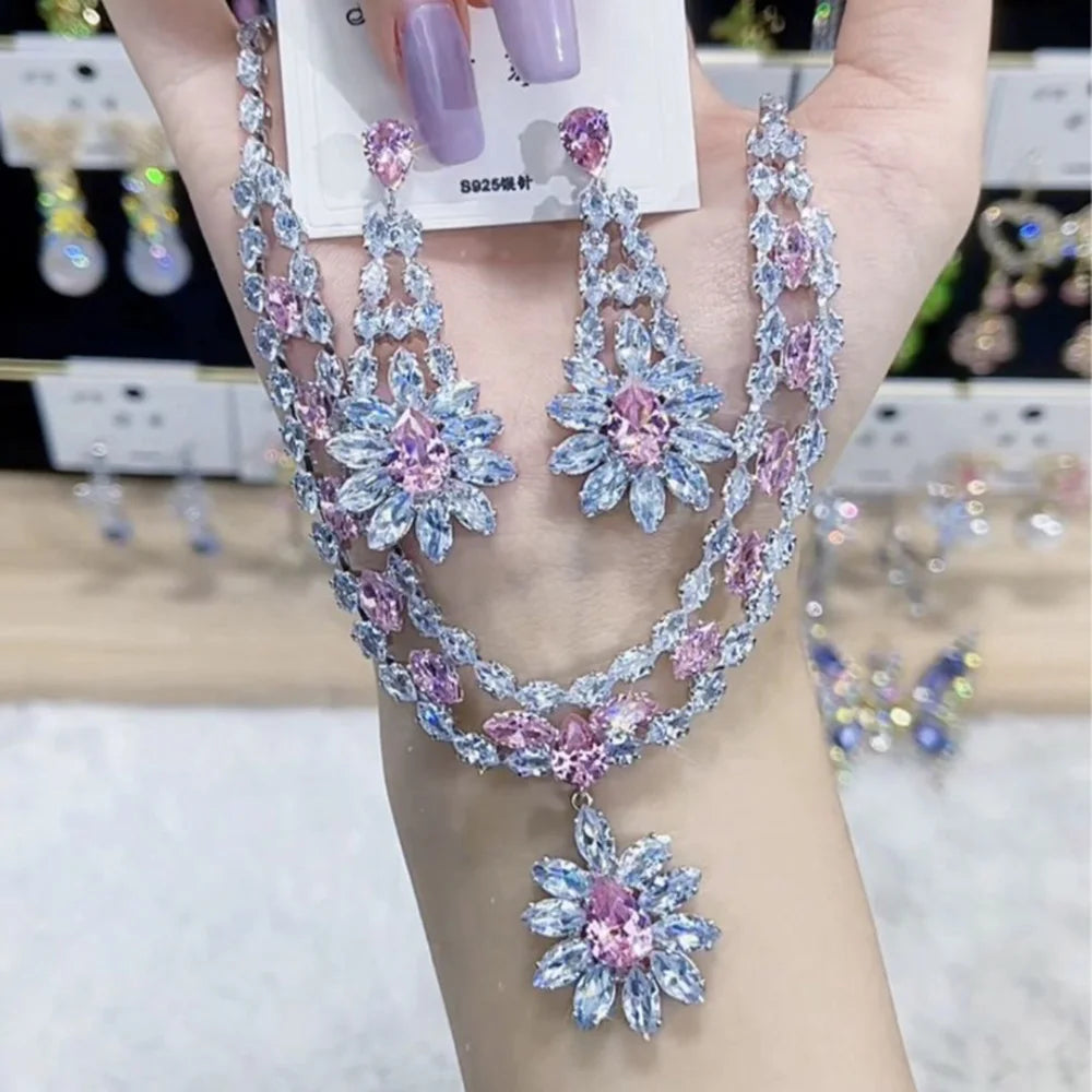 Women's Fashion Luxury Zirconia Crystal Pink Necklace Earrings Set Bracelet Jewelry Set Bridal Wedding Banquet Party Holiday