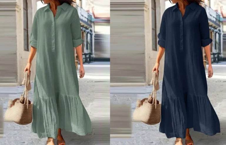 2025 Women's Linen Shirt Dress - Asymmetrical Hem Button Down Casual Dress - AIAZ
