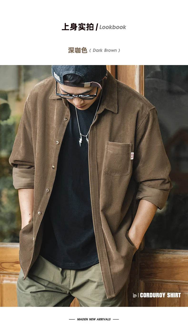 Maden Men's Shirt Casual Corduroy Long Sleeve Shirts Slim Fit Overcoat Spring Fleece Jacket Men's Clothing Retro Fashion Blouses - AIAZ