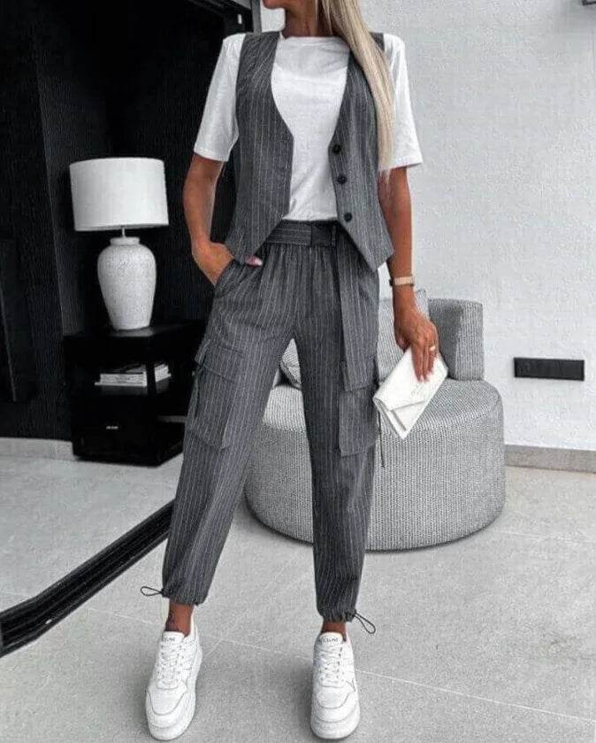 White Striped Vest Suit For Women Summer Casual V-neck Button Top Pocket Loose Pants Outfits Two-piece Suit For Women Elegant - AIAZ