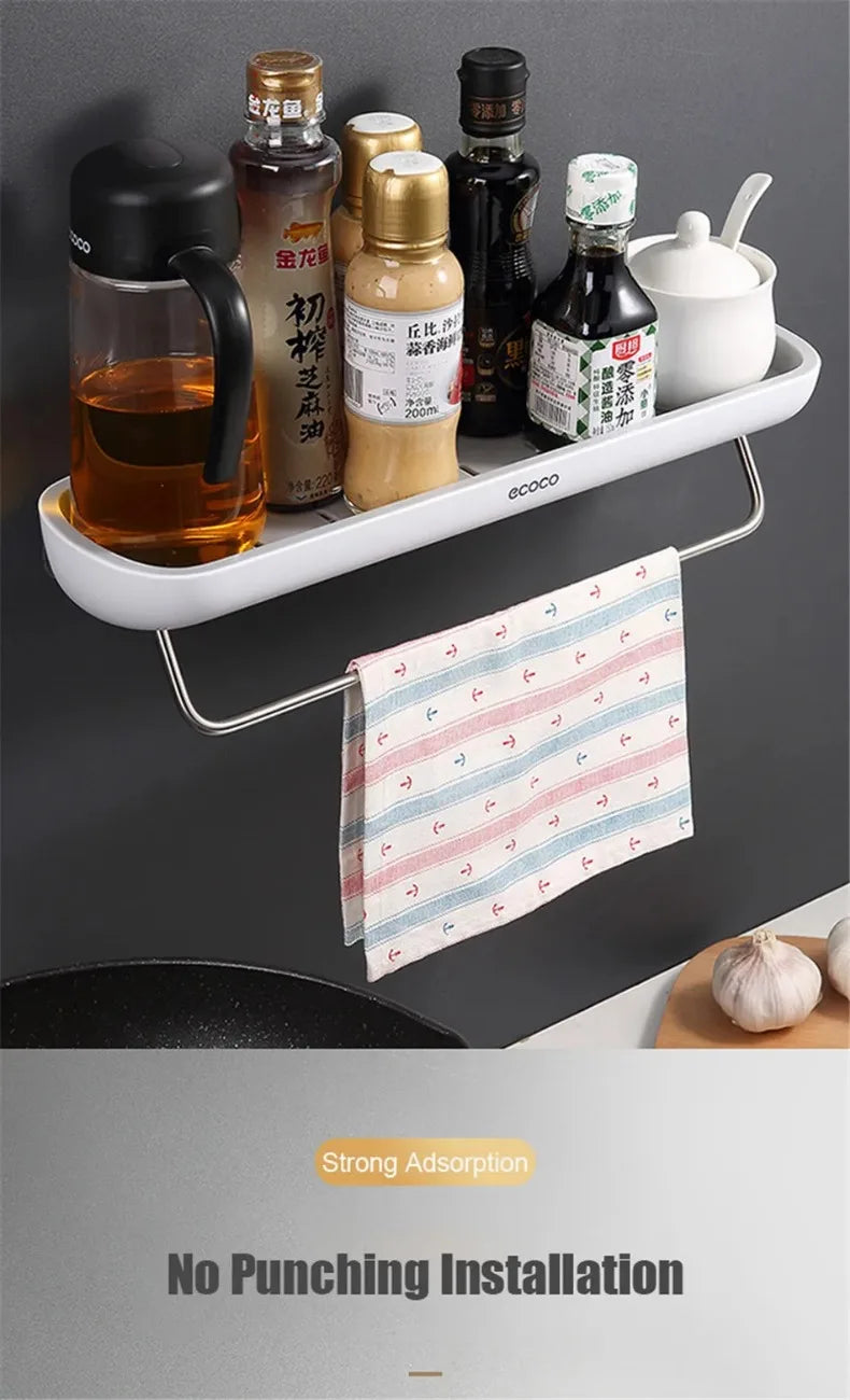 ECOCO Bathroom Shelves Organizer Storage Rack Wall Mount Towel Shelf Shampoo Rack with Towel Bar Rack Kitchen Accessories