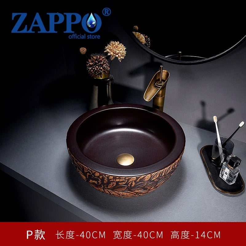 ZAPPO Round Vessel Sink with Faucet Drain JinDezhen Ceramic Vessel Sinks Oval Bathroom Sink Bowl Above Counter with Mixer Tap