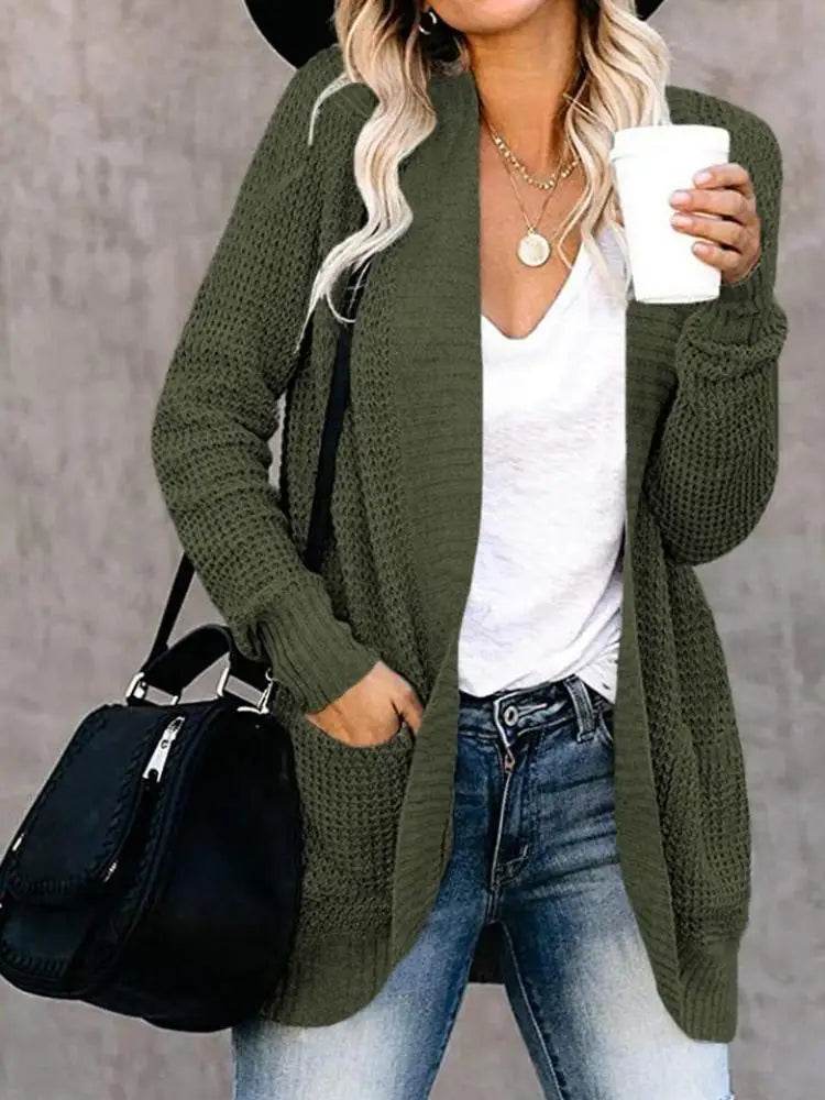 Fashion cardigan autumn and winter knit sweater women's new curved front loose casual women's wear - AIAZ