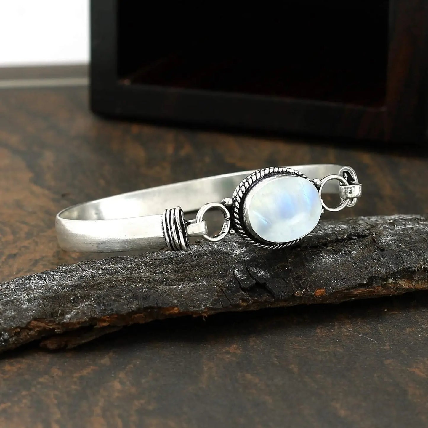 Vintage 925 Silver Natural Oval Moonstone Bangle Bracelets Handmade Birthstone Bangle Gifts Fine Jewelry for Women Men