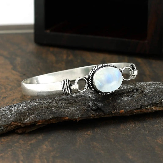 Vintage 925 Silver Natural Oval Moonstone Bangle Bracelets Handmade Birthstone Bangle Gifts Fine Jewelry for Women Men