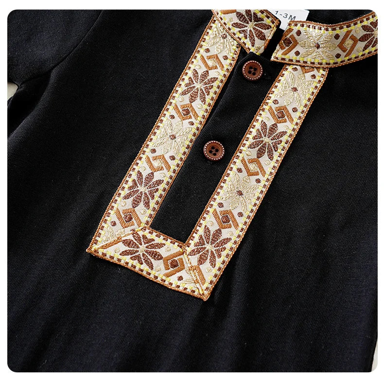 Ethnic Retro Lace Black Design 100% Cotton Soft&Comfortable 2025Newborn Summer0-18Months Boys and Girls Baby Short-Sleeve Romper