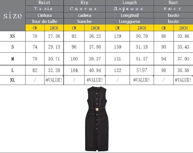 MUJER 2025 Womens Dresses Black Office Long Dresses for Women Spring Sleeveless Midi Dress Woman Belt Button Women's Dress Vest - AIAZ