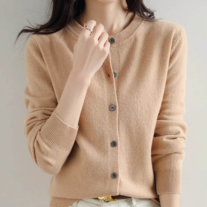 Knitted Cardigan Women's Sweater Autumn And Winter 2022 New Solid Color Coat Round Neck Short Long Sleeve Loose Korean Fashion - AIAZ