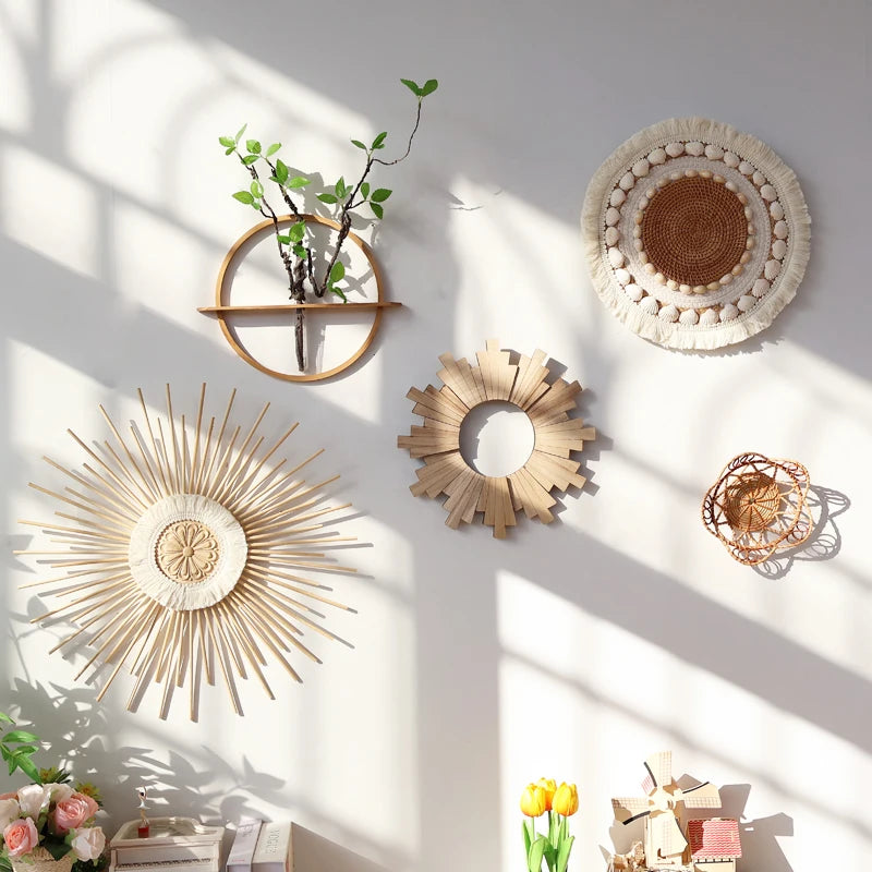 Bohemian Wall Decorations, Woven Grass and Rattan Wall Ornaments, Wall Decorations for Restaurant Background Walls