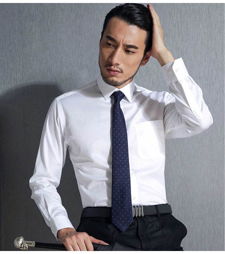 Men's Non Iron Standard-fit Solid Basic Dress Shirt Formal Business Premium 100% Cotton Male Long Sleeve Work Office Shirts - AIAZ