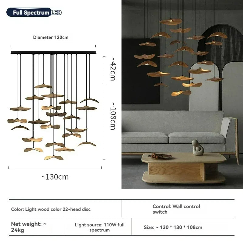 Japanese Lotus Leaf Chandelier Wabi Sabi Solid Wood Lamp Living Dining Room Zen Tearoom Villa Duplex Kitchen Island Linear Light