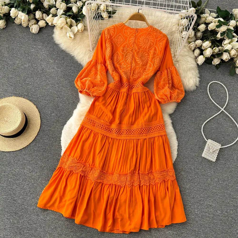 New Women Lantern Sleeved Elegant Dress Summer French Hollowed Out Mid Length Dresses Korean Style Vintage Long Dress - AIAZ