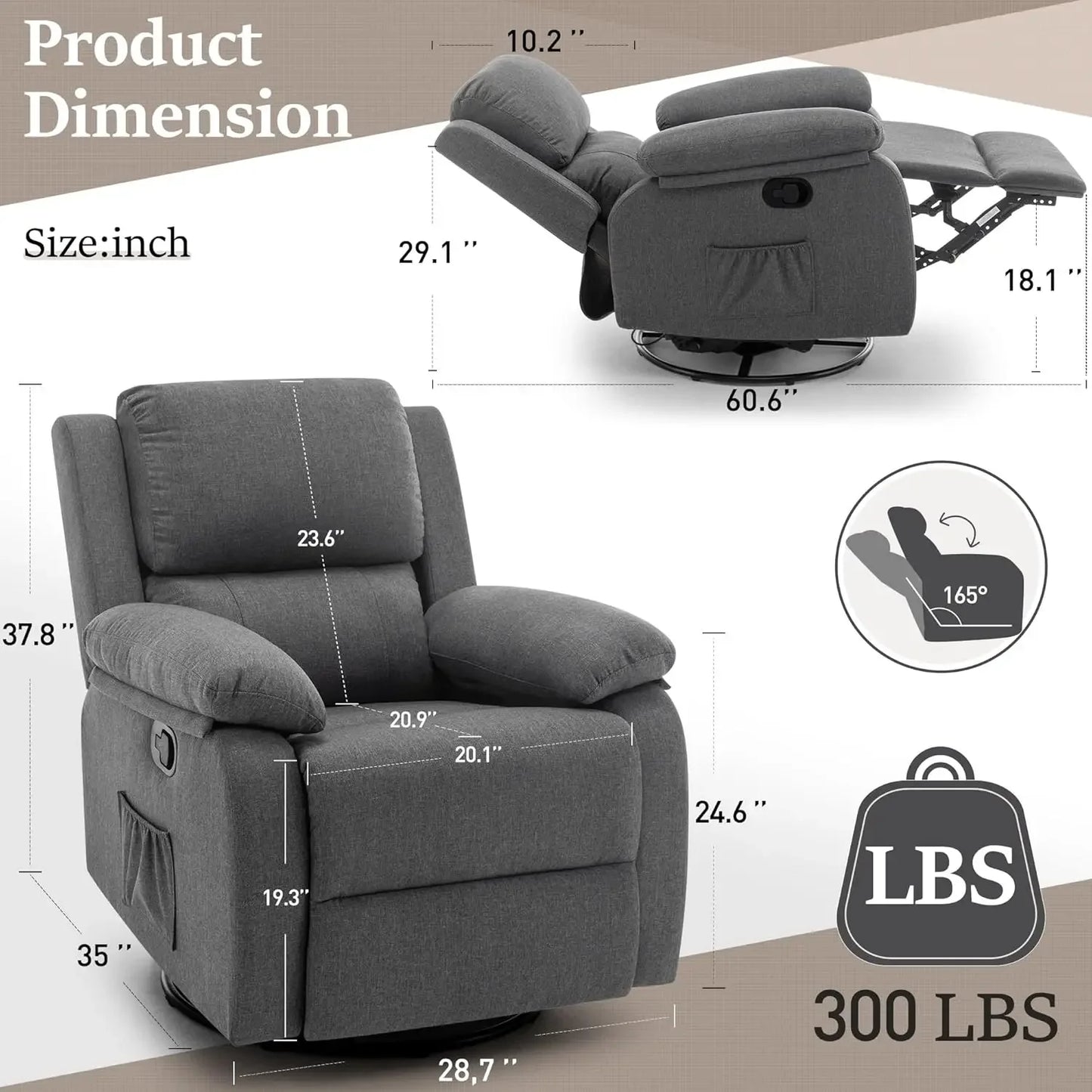 For cRecliner Chair, 360 Swivel Rocker Chair for Adults, Small Rocking, Upholstered Fabric Glider Recliner Nursery Chair , Nurse