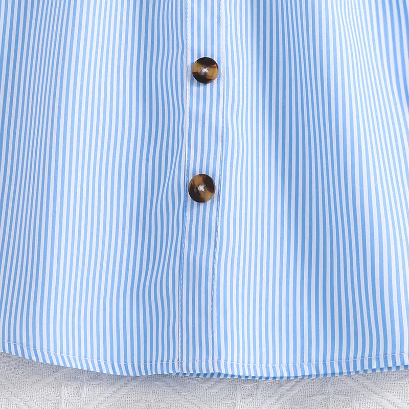 Girl Dress Summer New Light Blue Stripe Ruffled Sleeveless V-Neck Dress Elegant Cute Daily Casual Vacation Preppy Style Outifits