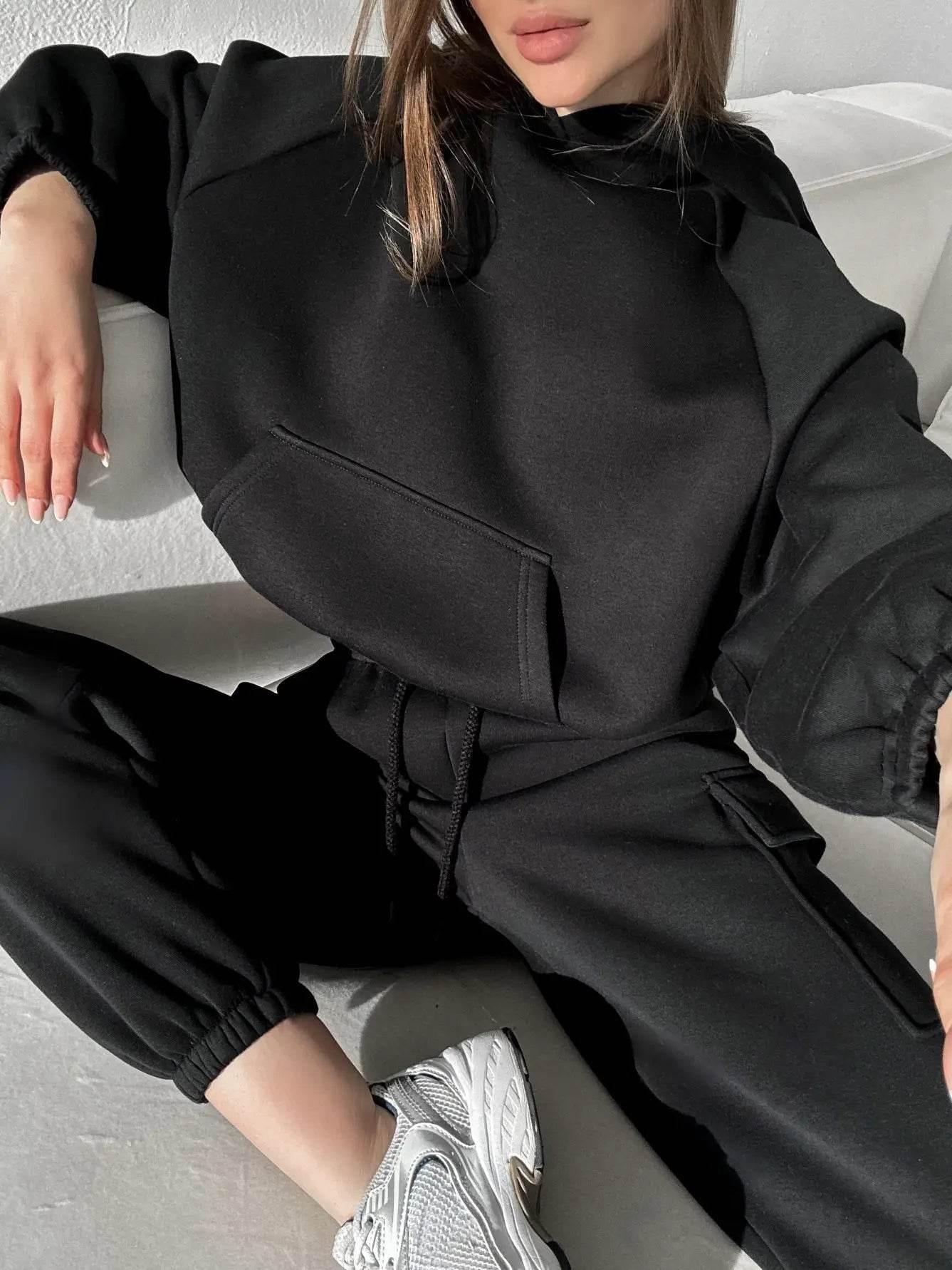 Hoodies Suit Winter Autumn Solid Casual Tracksuit Women Fleece 2 Pieces Set Sports Sweatshirts Pullover Jogger Sweatpants Outfit - AIAZ