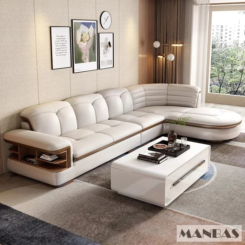 Luxury L-Shaped Genuine Leather Sectional Sofa Sets with USB, Bluetooth Speaker - Linlamlim Living Room Italian Leather Couches