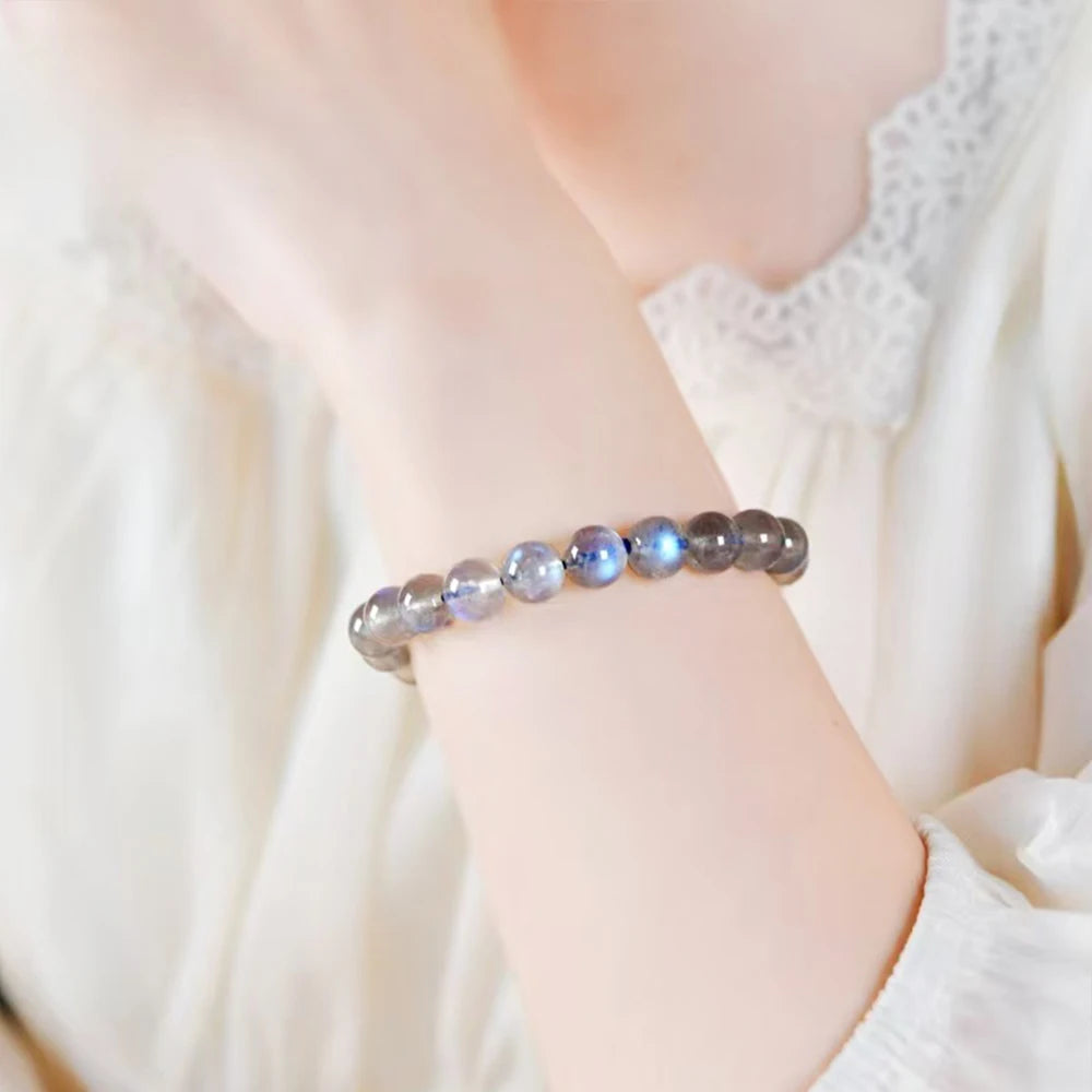 Blue Grey Moonlight Stone Bead String Bracelet 7-9mm Round Beads Gemstone Bracelet for Women Healing Crystal Energy Wristban