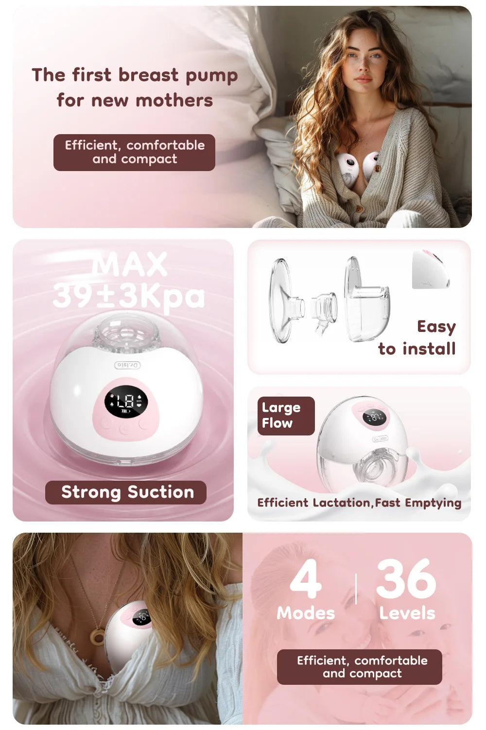 MAMIJOY 2PCS Wearable Electric Breast Pump 4 Modes 36Suction Levels Silent Leak-Proof Hands Free Breast Pumps Breastfeeding EB50