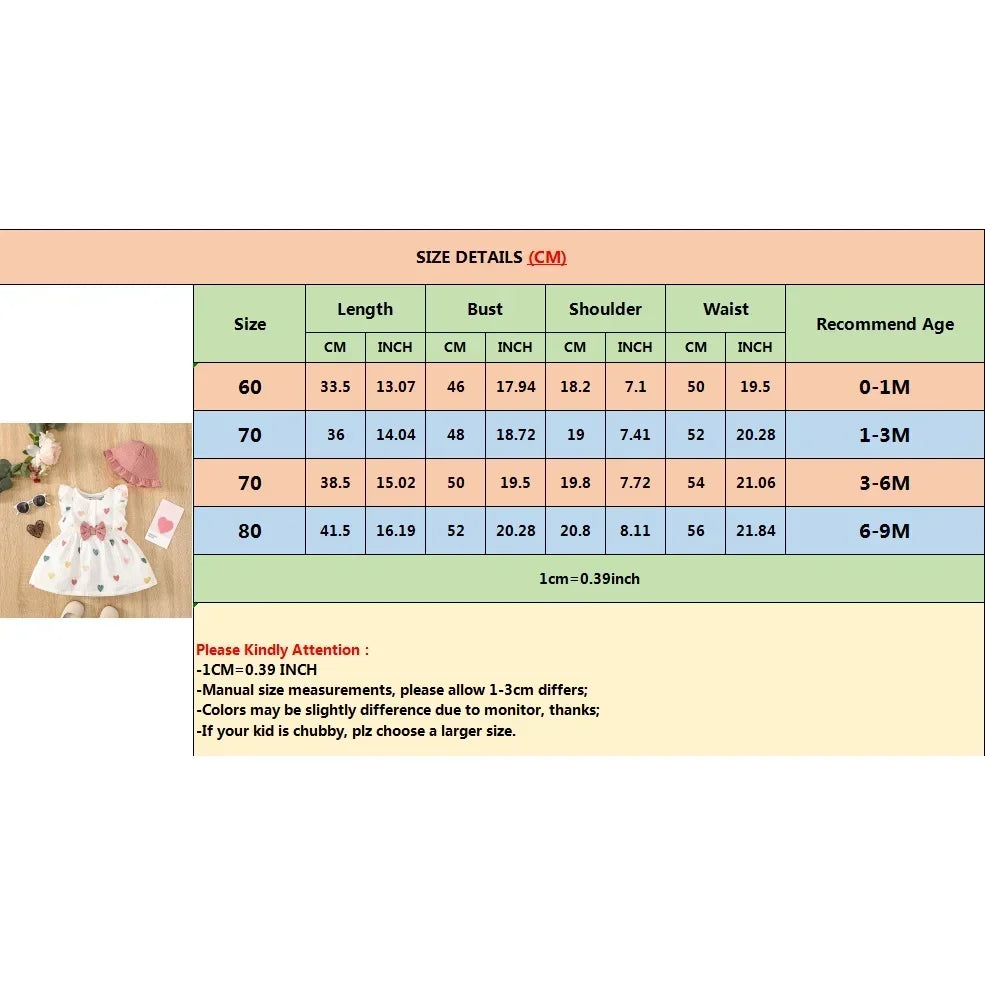 Newborn Baby Girl Sweet Cotton Dress Sleeveless Love Pattern Dress+Hat 2PCS Summer Beach Clothing for Infant Girl 0-9 Months