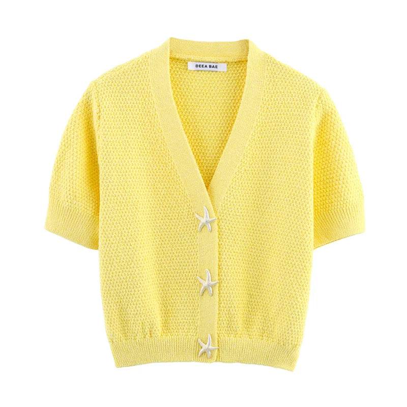 Women's cardigan new summer style for 2025 yellow short-sleeve knitted jacket star button decoration casual fashion - AIAZ