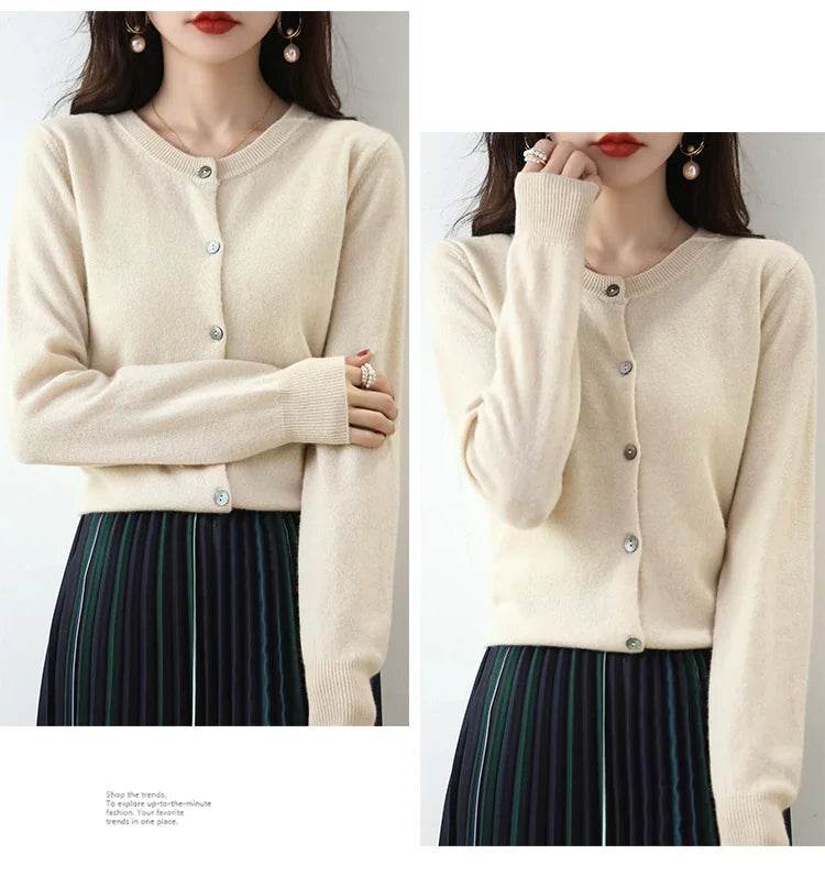 Knitted Cardigan Women's Sweater Autumn And Winter 2022 New Solid Color Coat Round Neck Short Long Sleeve Loose Korean Fashion - AIAZ