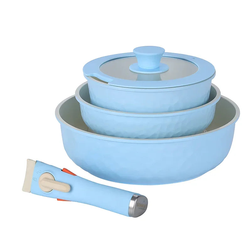 DONNOR 5Pcs Ceramic Coating Cookware Set Detachable Handle Frying Pan Milk Pot Chef Pot Induction Cooker Gas stove Universal