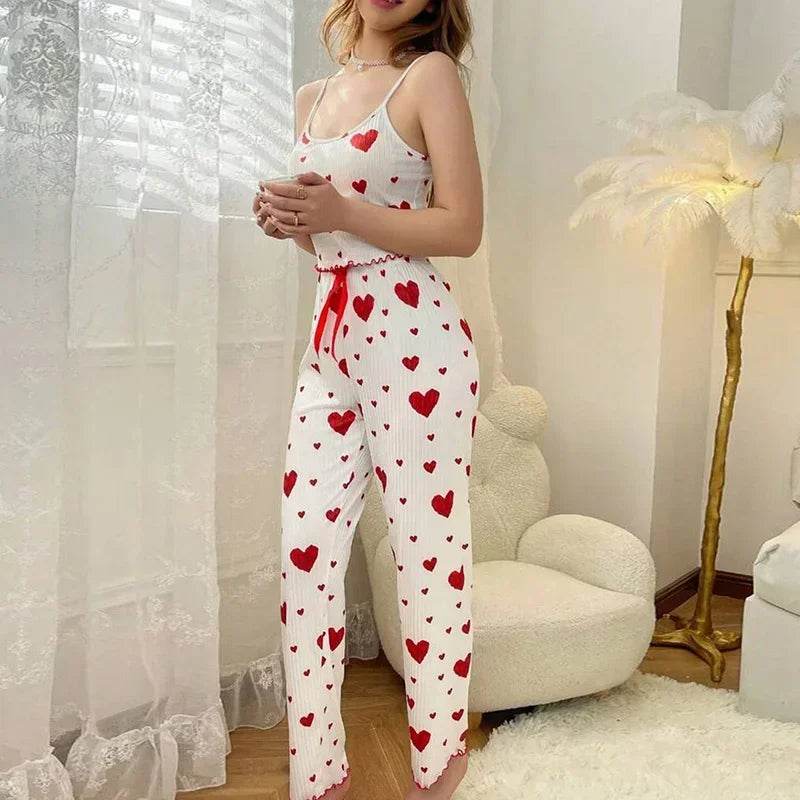 Women Sleepwear Autumn Winter Pajamas Sets Heart Print Sleeveless Cami Vest with Long Pants Trouser Set Sexy Lingerie Pyjamas - AIAZ