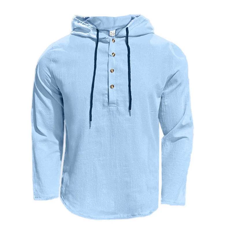 24 New cotton and linen shirts hooded loose large size casual sweater long sleeve hoodie men - AIAZ