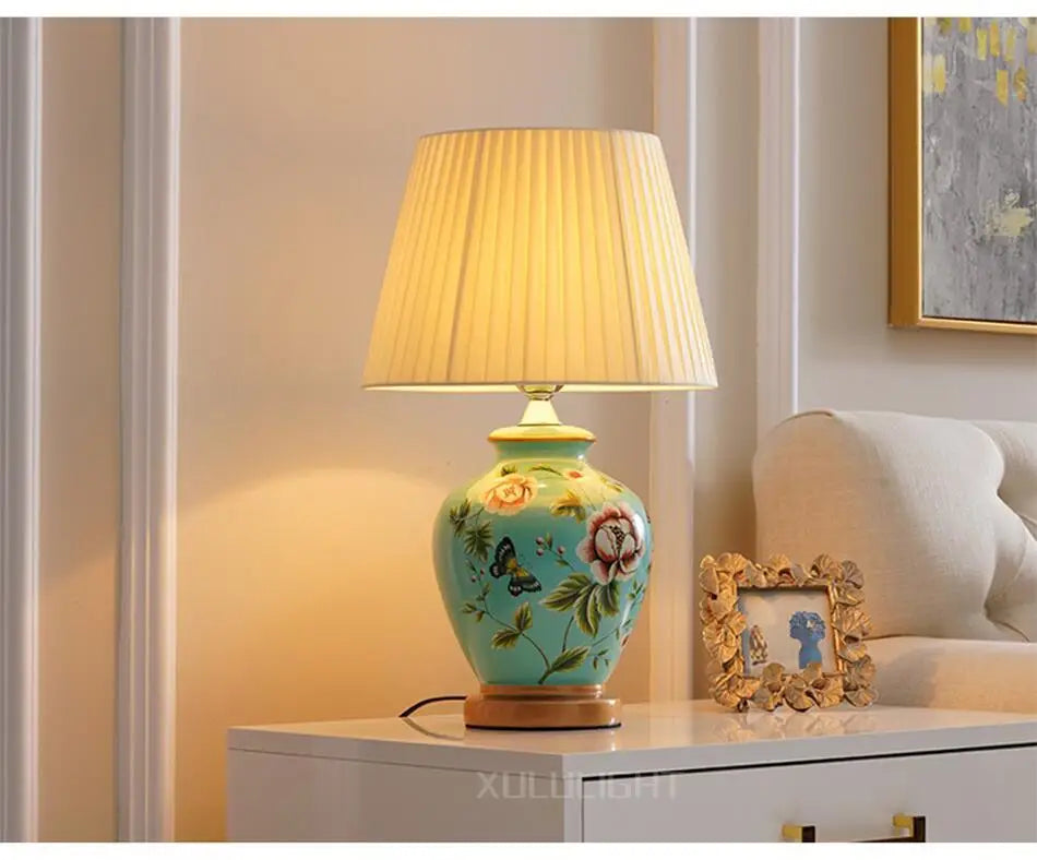 European Style Ceramic Desk Lamp Flower And Bird Painted Decorative Table Lamp Bedroom Room Bedside Table Lamp Lighting Fixture