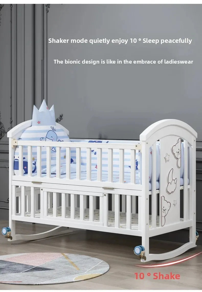 2025New Solid Wood Baby Crib Movable Splicing Bed Multifunctional Baby Rocking Bed Adjustable Guardrail Height with Mosquito Net