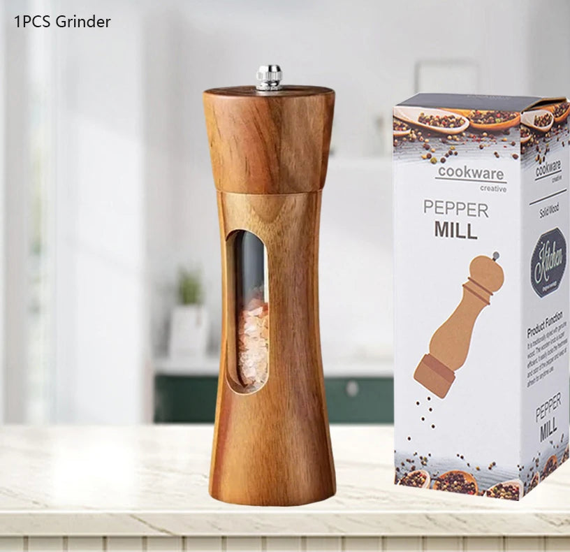 Wood Pepper Grinder Shaker Adjustable Ceramic Core Grinding Bottle with Base Wood Salt Pepper Mills for Kitchen Cooking BBQ