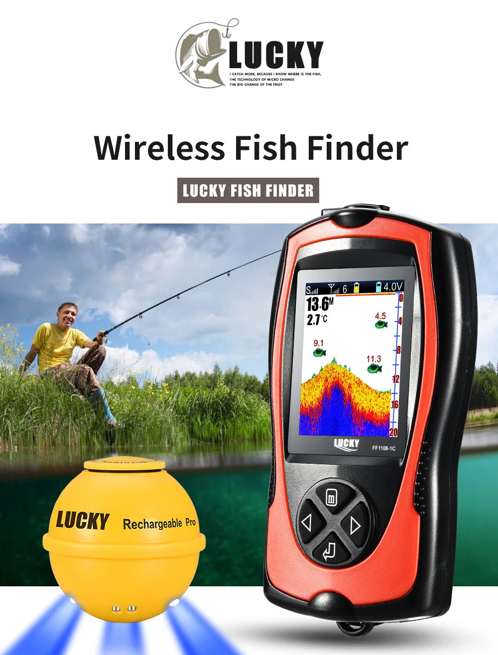 Lucky Sonar Fish Finder FF1108-1CWLA Rechargeable Wireless Sensor 45M Water Depth Echo Sounder Fishing Portable Fish Finder