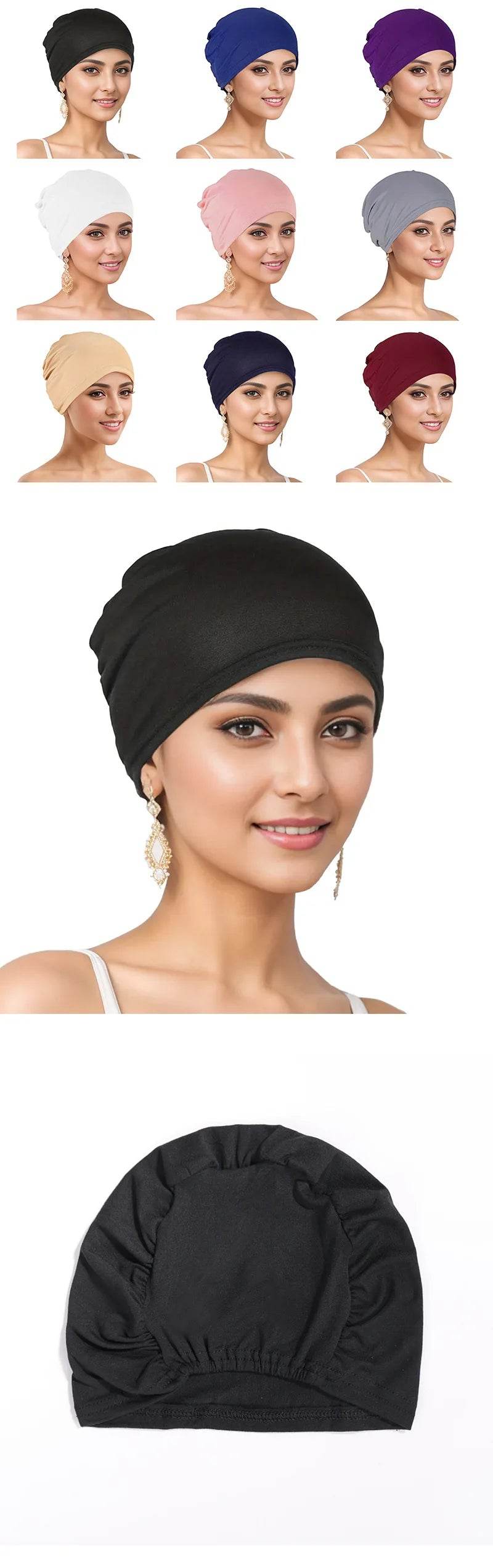 Muslim Turban Cap for Women Monochromatic Pullover Cap Hijab Hat Female Turban Fashion Accessories New - AIAZ