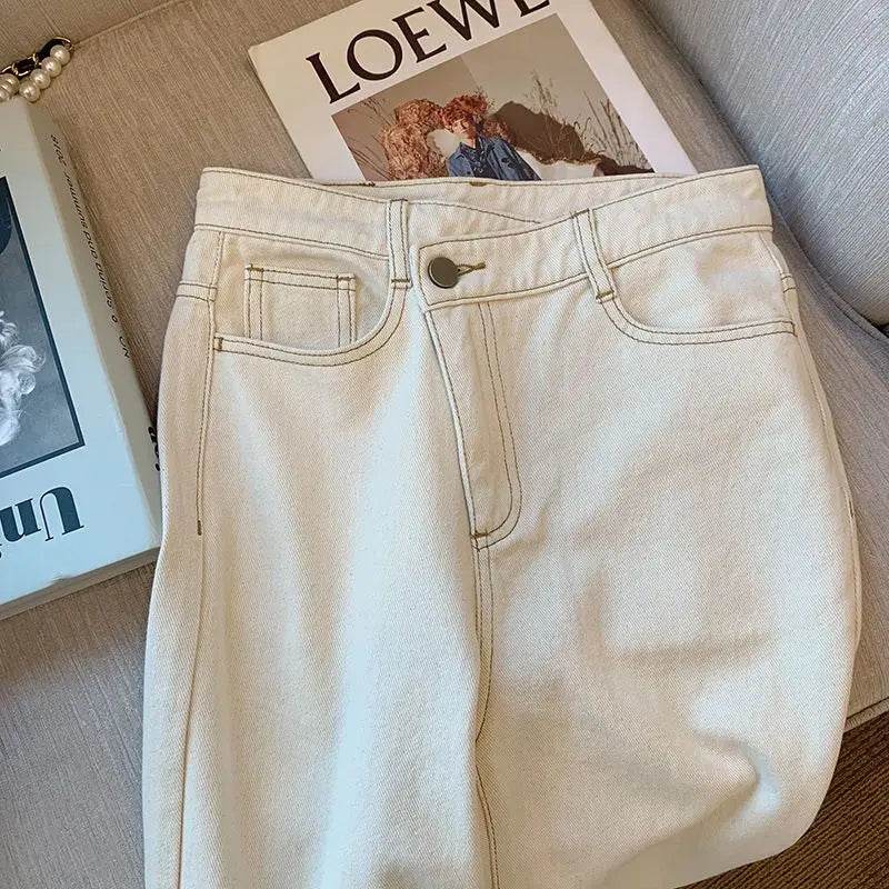 White Jeans For Women Spring High Waist Fashion Flower Design Straight Denim Pants Chic Loose Wide Leg Casual Trousers - AIAZ