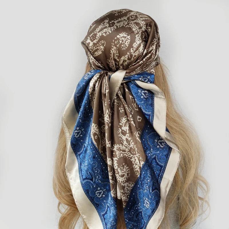New 90*90cm Retro Brand Women Silk Scarf Bandanna Fashion Bohemian Pattern Square Hijab Lady Wrap Headband foulard muffler - AIAZ