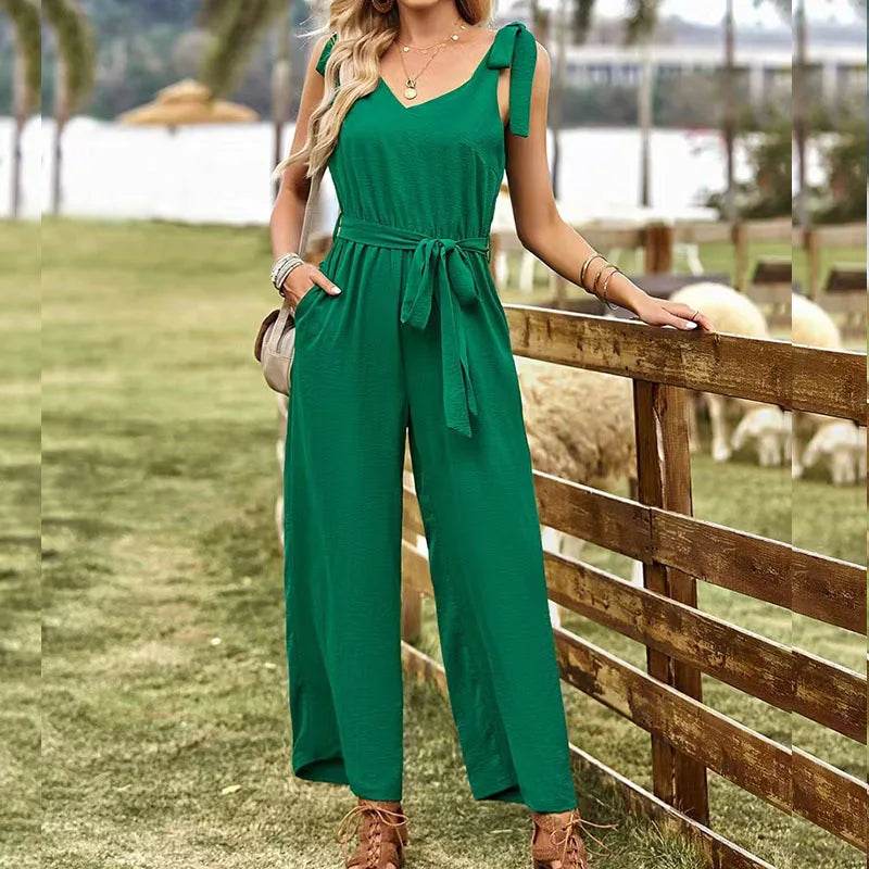 2024 Summer Women's New Commuter Style Solid Color Sexy Back V-neck Bareback Sleeveless Strap Waist Nine Part Pants Jumpsuit - AIAZ