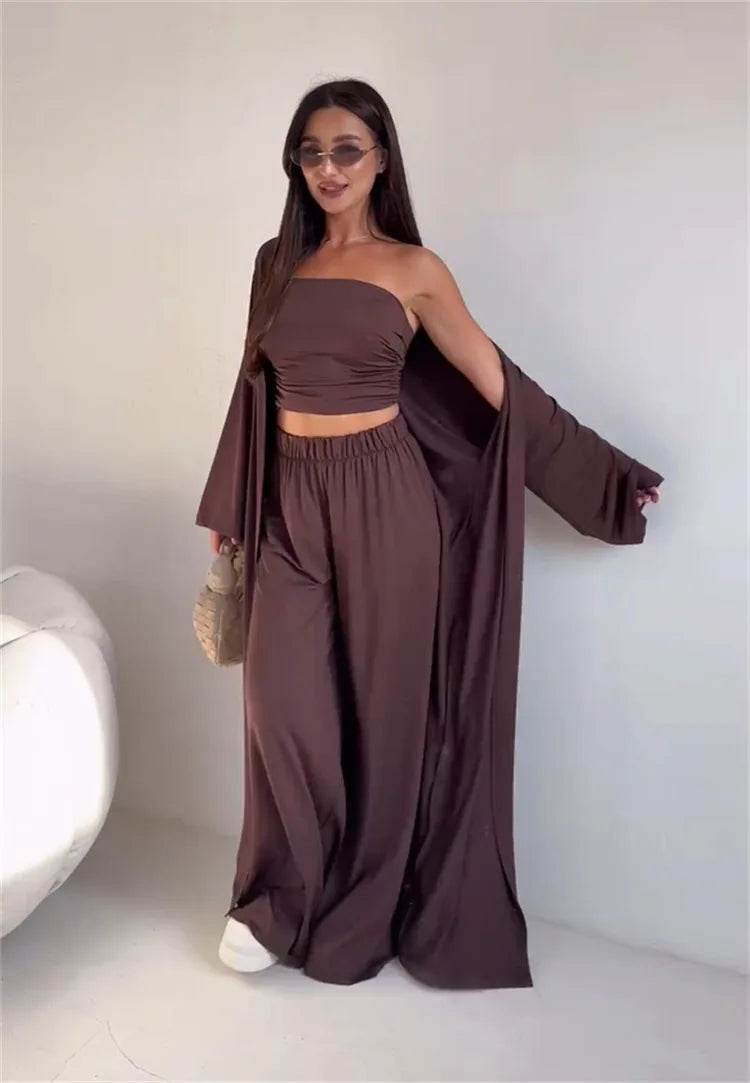 Pants Sets Women Solid Color Loose Long Cardigan Coat Tube Top High Waist Wide Leg Trousers Three Piece Set Casual Lady Suits - AIAZ