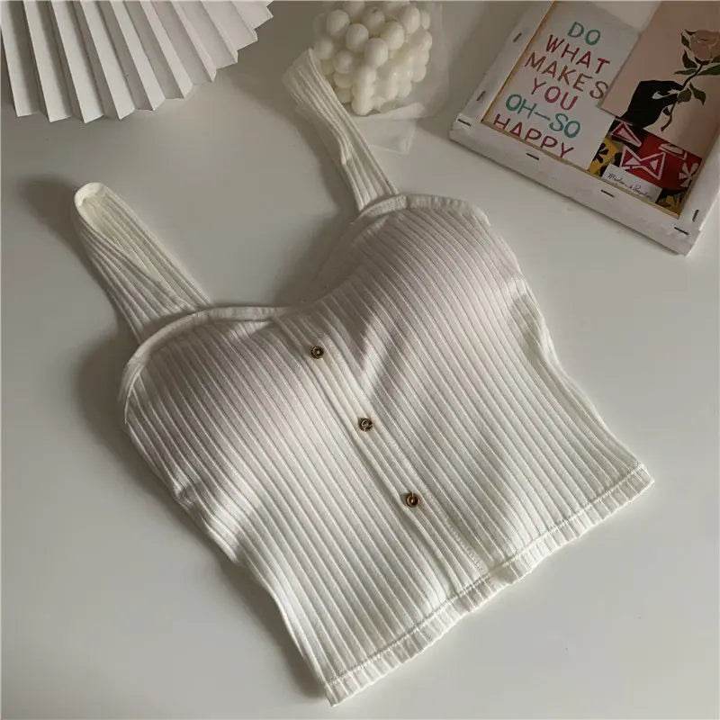Women's Cropped Tops with Bra Pads Summer Corset Korean Suspenders Vest Sexy Camisole Slim - AIAZ