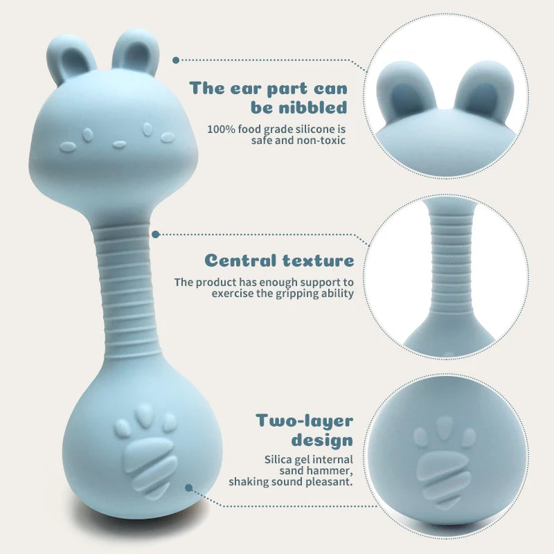 Food-Grade Baby Bunny Silicone Rattle Teether – Dumbbell Shape for Easy Grip, Handheld Toy for Infants