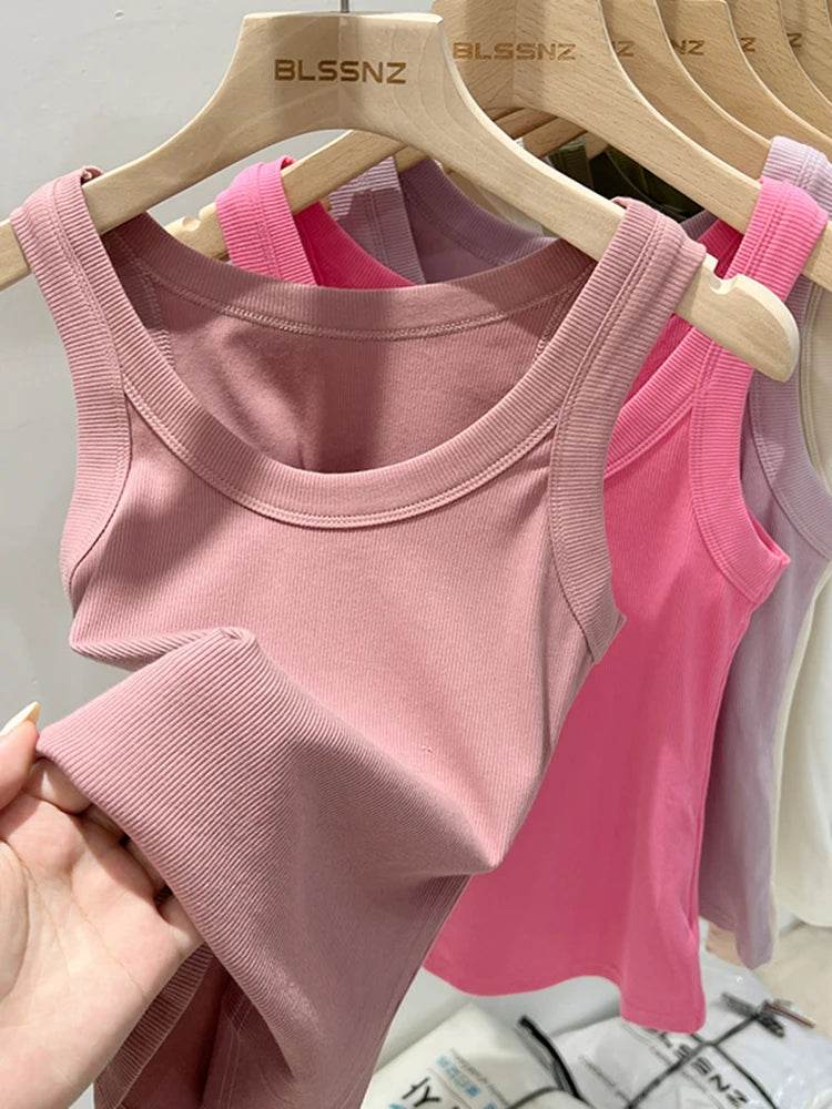Women Solid Round Neck Ribbed Tank Top Camisole Women 2025 Summer Basic Elastic Tank Top O Neck Solid Tank Top - AIAZ