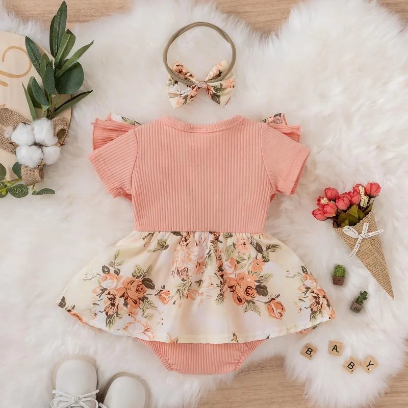 Summer Baby Girl Dress With Bowknot headband Striped Jumpsuit Cotton Dress For Newborn Floral Clothes Baby Crawling Clothes