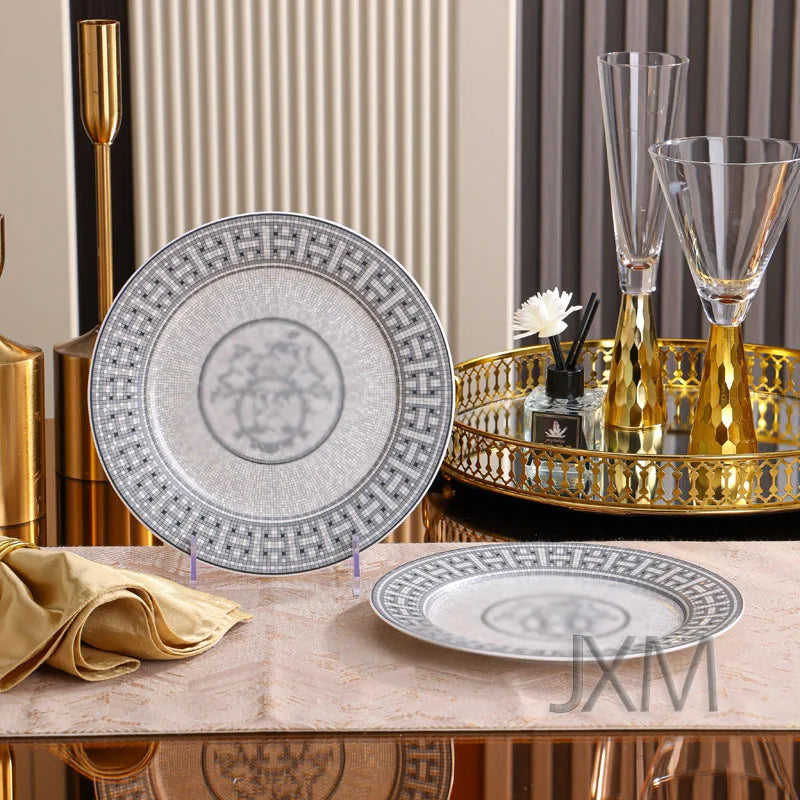 Luxury 10 piece set of European style gray H horse drawn cart tableware, circular gift box, bone china bowl, plate, spoon, plate