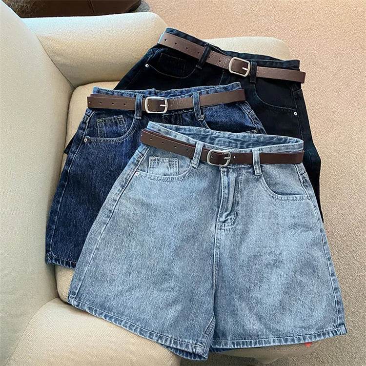 Denim shorts women's summer new trendy Instagram high waist simple slimming loose wide leg versatile A-line hot pants - AIAZ
