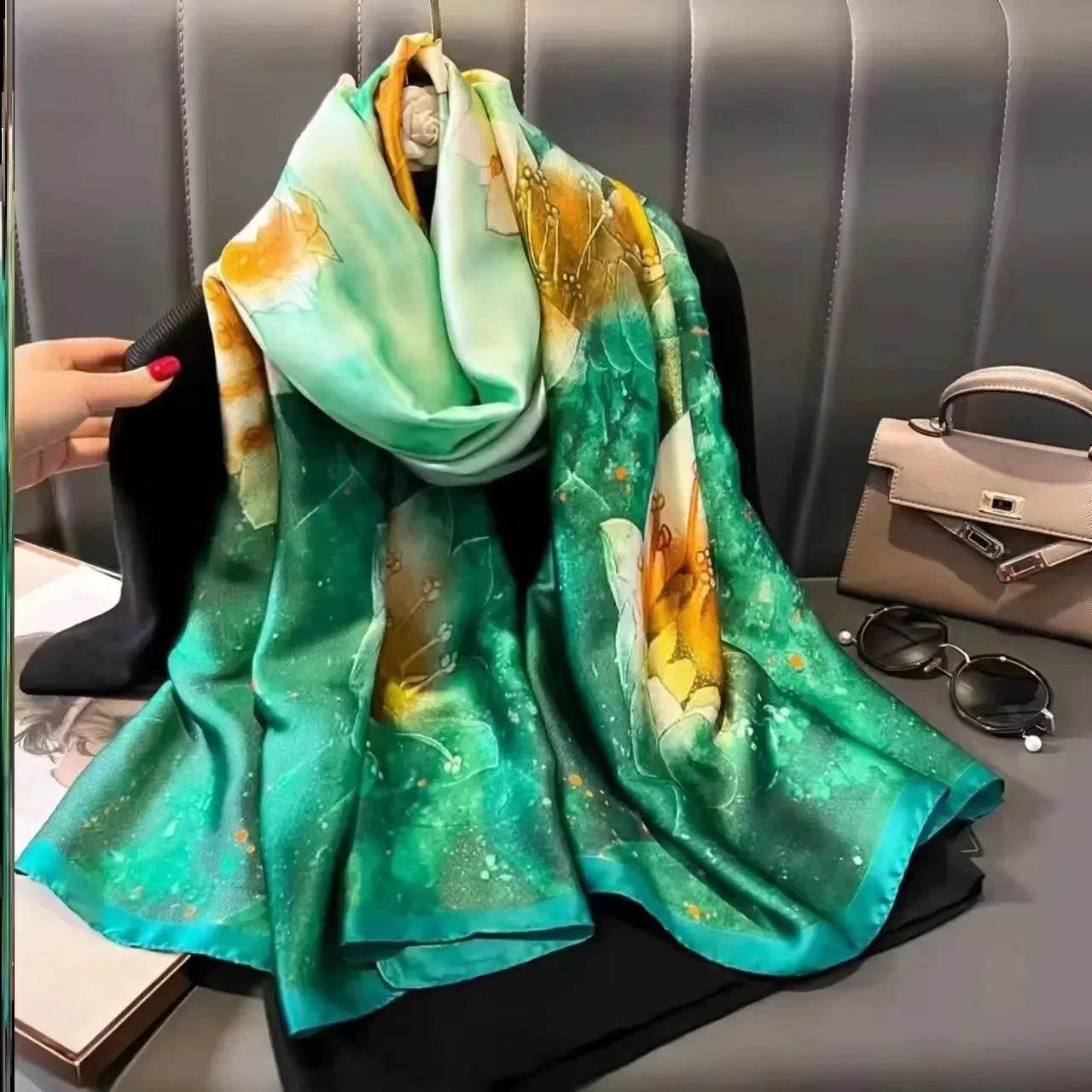 New Summer Women's Silk Scarf Sun Protection Satin Print Extra Long Beach Cover Up Decorative Mom's Shawl Fashionable Accessory - AIAZ