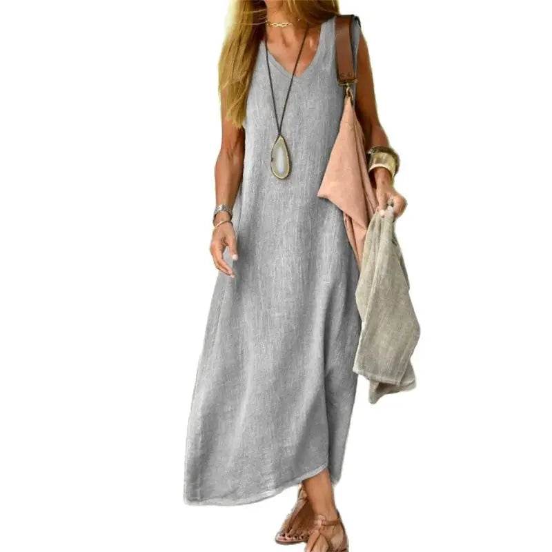 Women V Neck Pullover Cotton Linen Dresses Solid Color Loose Waist Dress Female Summer Daily Comfortable Casual Sleeveless Gown - AIAZ