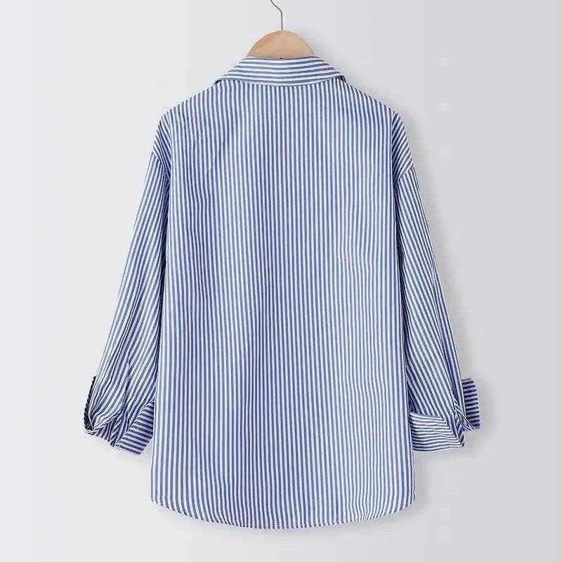 Women Spring Summer Blouses Shirts Lady Fashion Casual Long Sleeve Turn-down Blue Stripes Blusas Tops - AIAZ