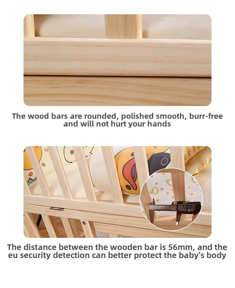 Crib Solid wood newborn baby cradle Multifunctional paint-free movable children's splicing bed air mattress 103 cm long